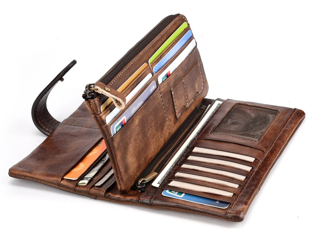 Newsbirds Vintage Fashion Wax oil skin Long Purse Genuine Leather Notecase For Ladies Girls 2 Folds Long Wallet RIFD Men Wallet