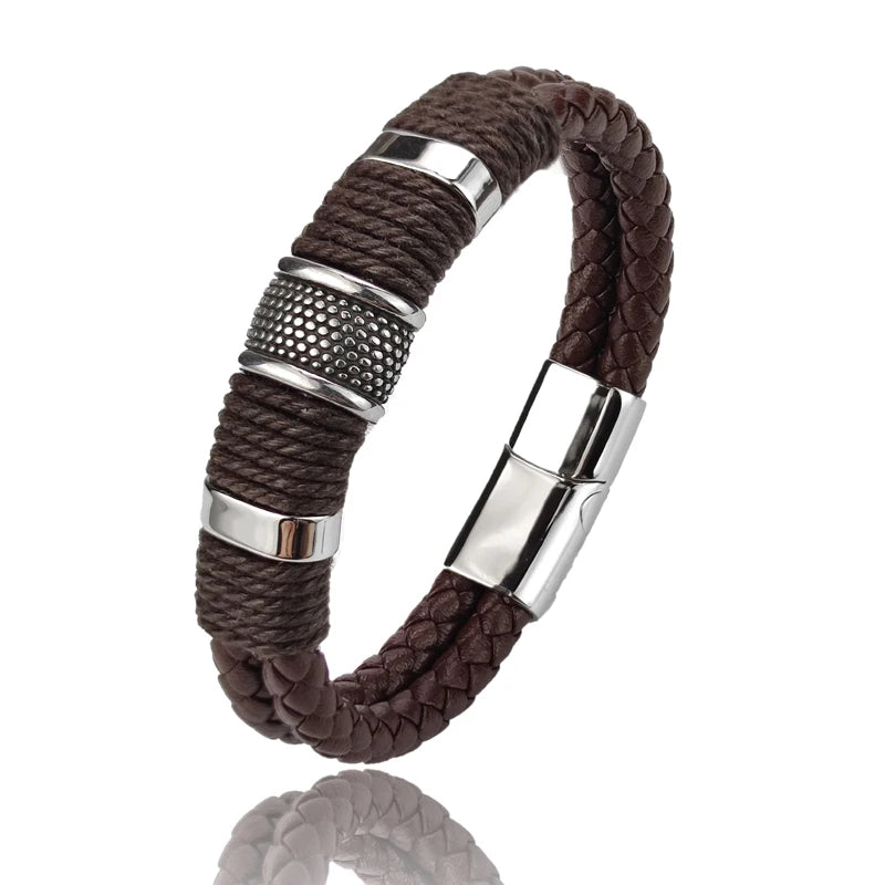 Luxury Vintage Multilayer Brown Leather Stainless Steel Men Bracelet Bead Bracelet Jewelry Male Wrist Bangle Christmas Gifts
