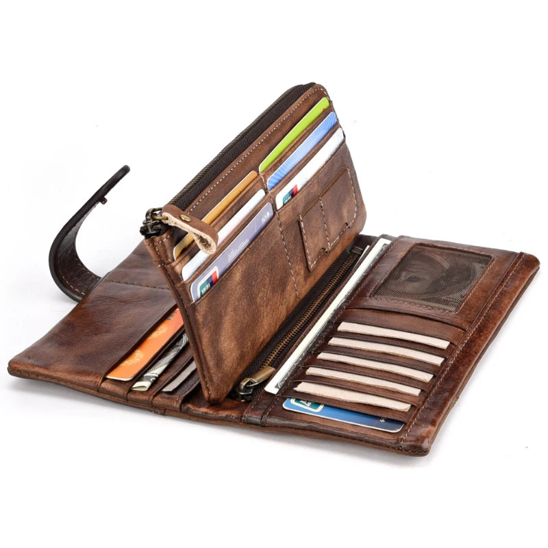 Newsbirds Vintage Fashion Wax oil skin Long Purse Genuine Leather Notecase For Ladies Girls 2 Folds Long Wallet RIFD Men Wallet