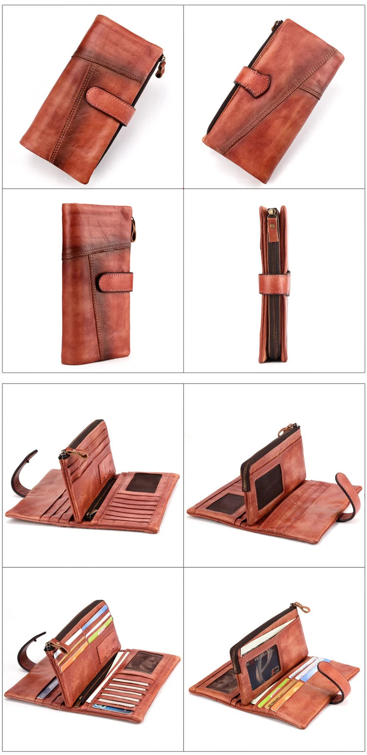 Newsbirds Vintage Fashion Wax oil skin Long Purse Genuine Leather Notecase For Ladies Girls 2 Folds Long Wallet RIFD Men Wallet