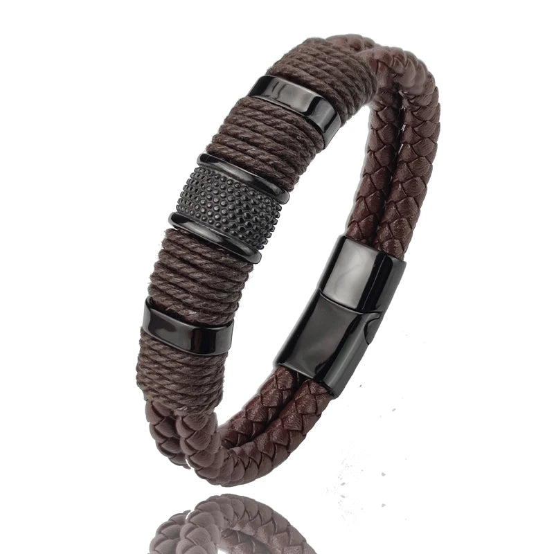 Luxury Vintage Multilayer Brown Leather Stainless Steel Men Bracelet Bead Bracelet Jewelry Male Wrist Bangle Christmas Gifts