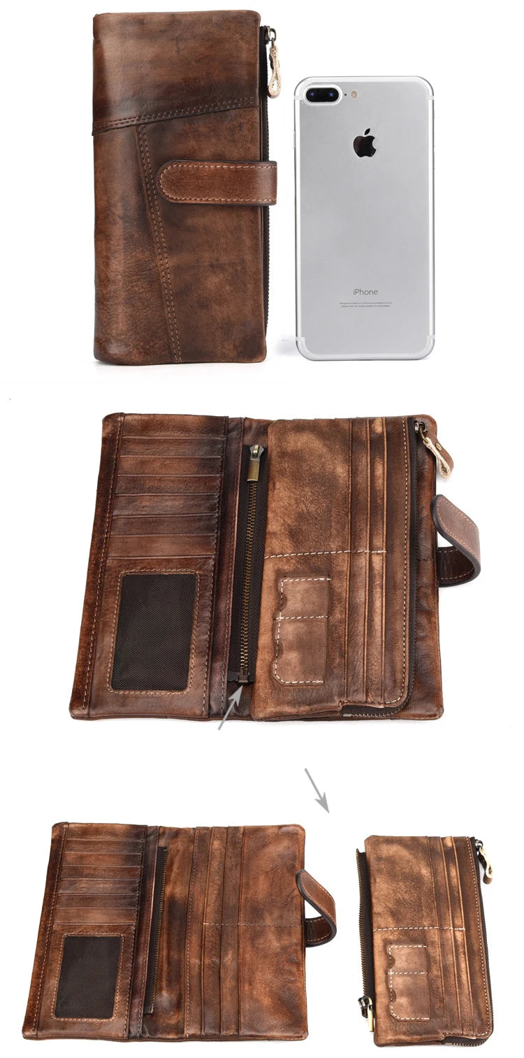 Newsbirds Vintage Fashion Wax oil skin Long Purse Genuine Leather Notecase For Ladies Girls 2 Folds Long Wallet RIFD Men Wallet