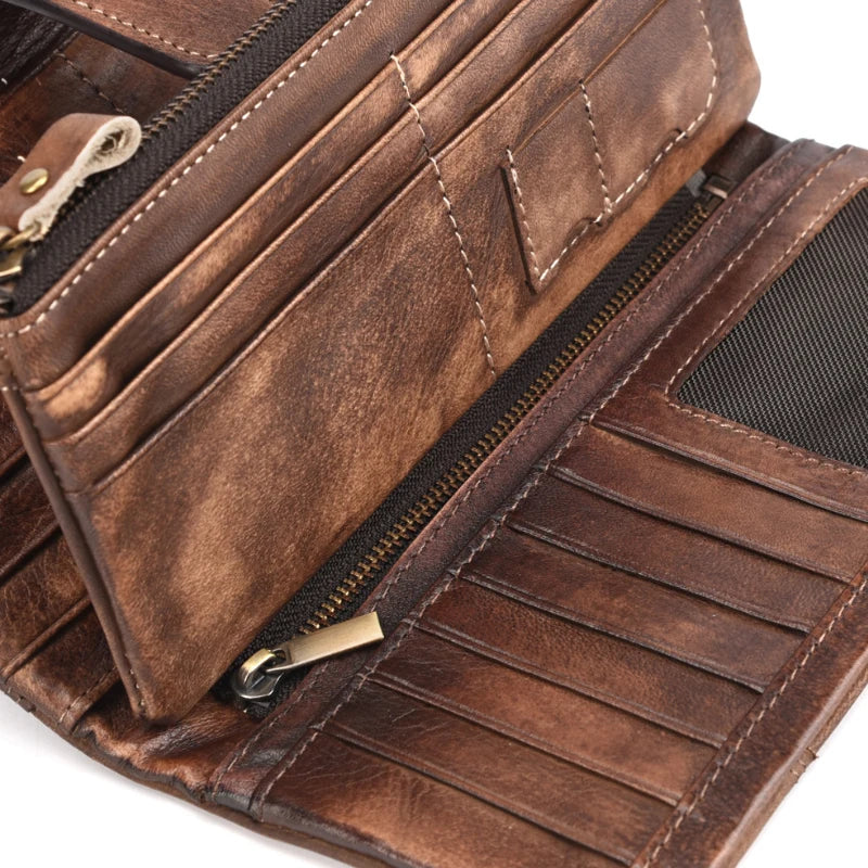 Newsbirds Vintage Fashion Wax oil skin Long Purse Genuine Leather Notecase For Ladies Girls 2 Folds Long Wallet RIFD Men Wallet