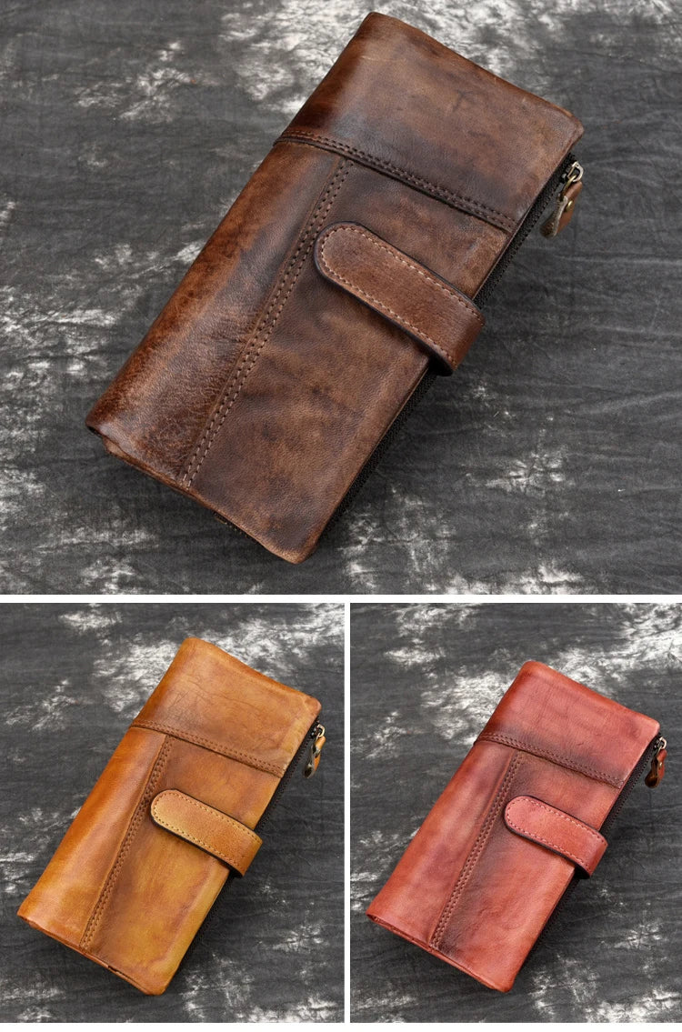 Newsbirds Vintage Fashion Wax oil skin Long Purse Genuine Leather Notecase For Ladies Girls 2 Folds Long Wallet RIFD Men Wallet