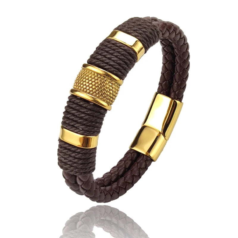 Luxury Vintage Multilayer Brown Leather Stainless Steel Men Bracelet Bead Bracelet Jewelry Male Wrist Bangle Christmas Gifts