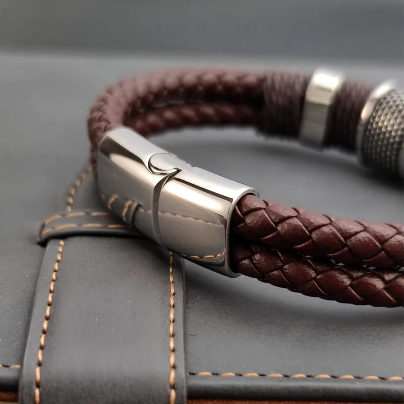 Luxury Vintage Multilayer Brown Leather Stainless Steel Men Bracelet Bead Bracelet Jewelry Male Wrist Bangle Christmas Gifts
