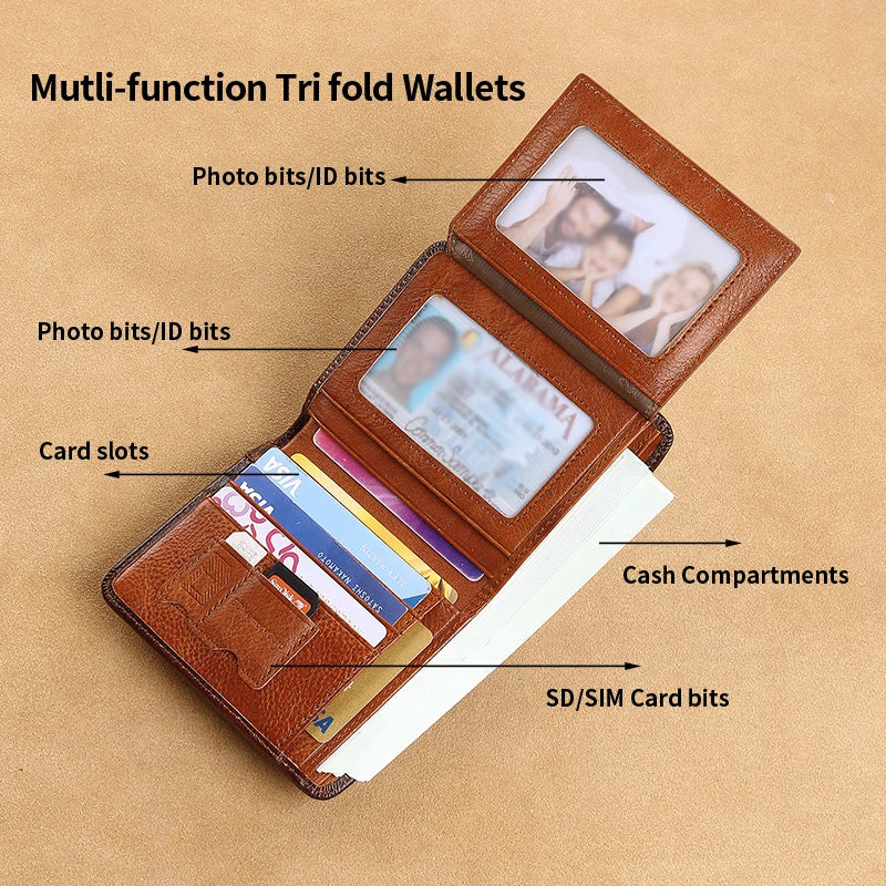 Mens Wallet Genuine Leather RFID Blocking Card Holders Cowhide Trifold wallets for men GIFT Festival gifts