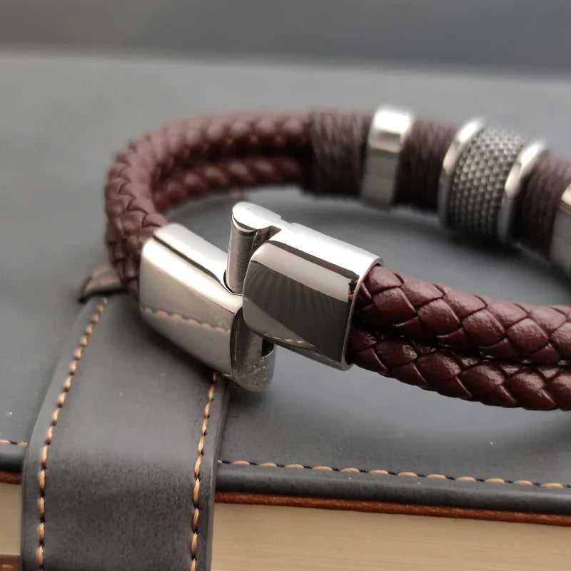 Luxury Vintage Multilayer Brown Leather Stainless Steel Men Bracelet Bead Bracelet Jewelry Male Wrist Bangle Christmas Gifts