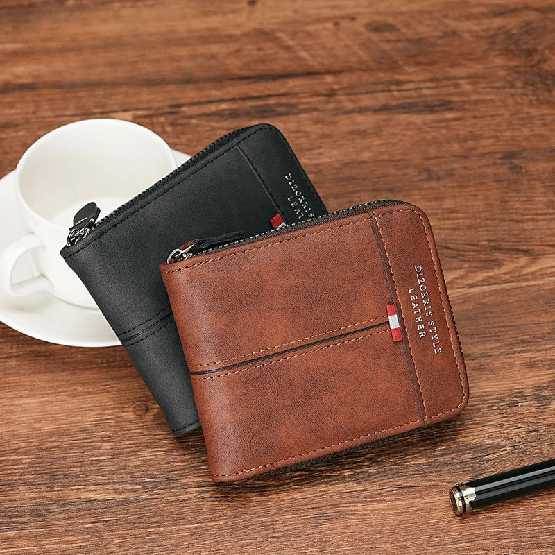 Men's Wallet Made of PU Wax Oil Skin Purse for Men Coin Purse Short Male Card Holder Wallets Zipper Around Money Coin Purse