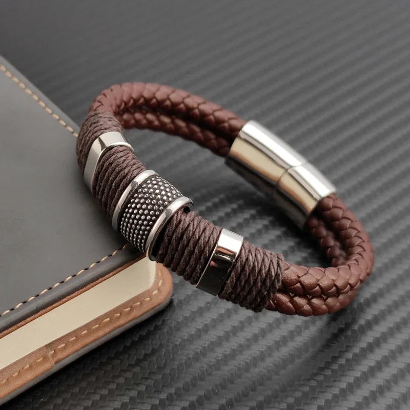 Luxury Vintage Multilayer Brown Leather Stainless Steel Men Bracelet Bead Bracelet Jewelry Male Wrist Bangle Christmas Gifts