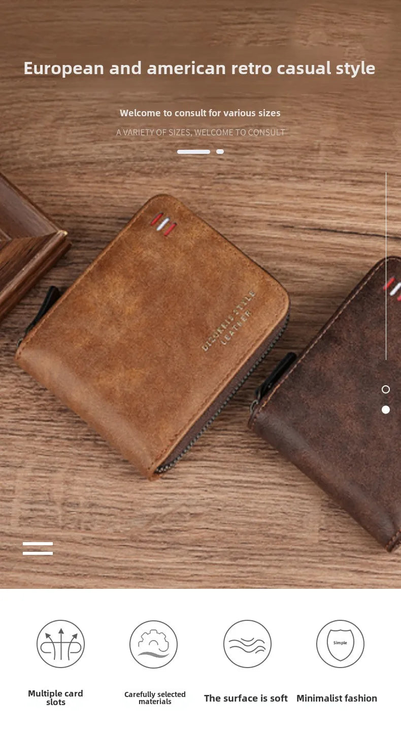 Men's Wallet Made of PU Wax Oil Skin Purse for Men Coin Purse Short Male Card Holder Wallets Zipper Around Money Coin Purse