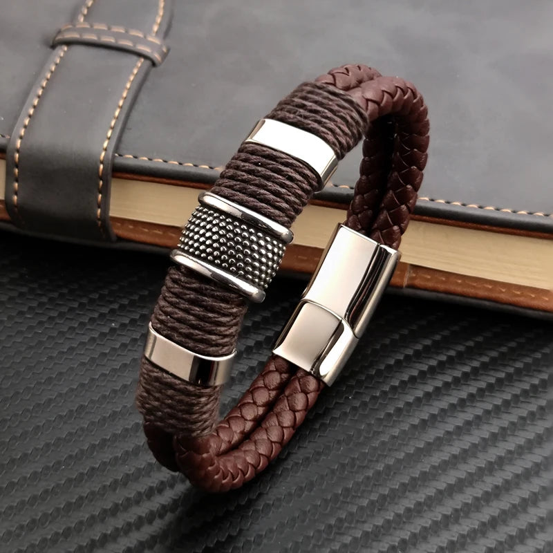 Luxury Vintage Multilayer Brown Leather Stainless Steel Men Bracelet Bead Bracelet Jewelry Male Wrist Bangle Christmas Gifts