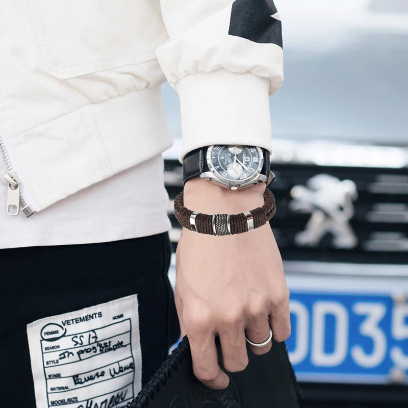 Luxury Vintage Multilayer Brown Leather Stainless Steel Men Bracelet Bead Bracelet Jewelry Male Wrist Bangle Christmas Gifts
