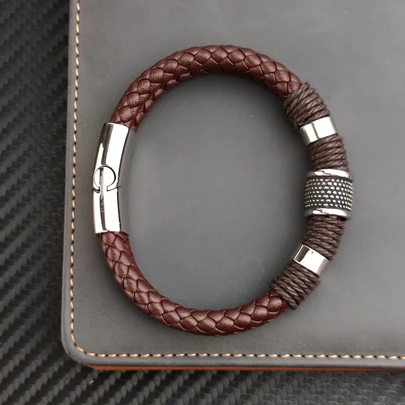 Luxury Vintage Multilayer Brown Leather Stainless Steel Men Bracelet Bead Bracelet Jewelry Male Wrist Bangle Christmas Gifts