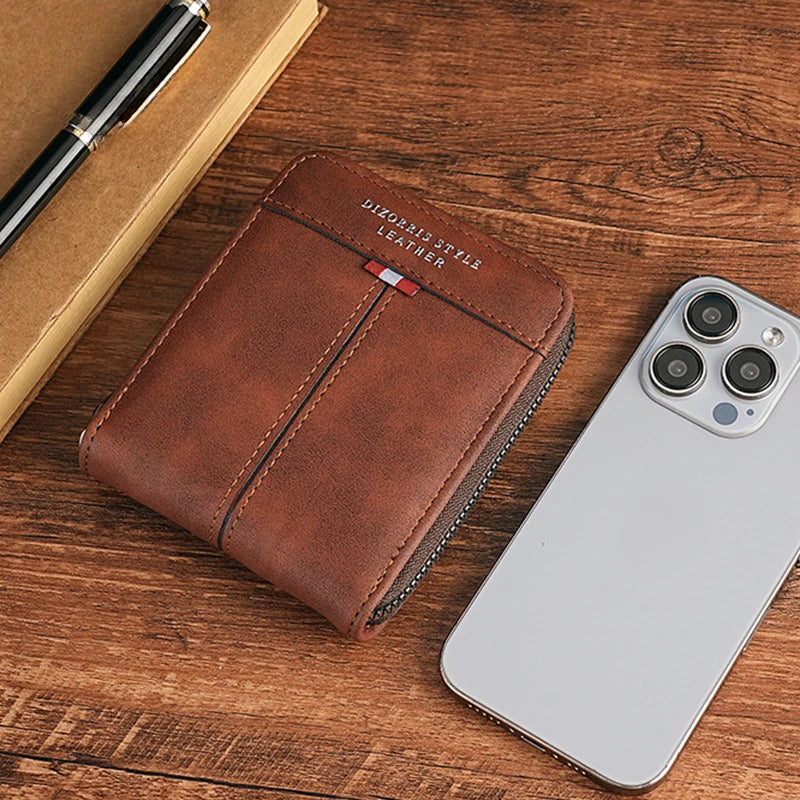 Men's Wallet Made of PU Wax Oil Skin Purse for Men Coin Purse Short Male Card Holder Wallets Zipper Around Money Coin Purse