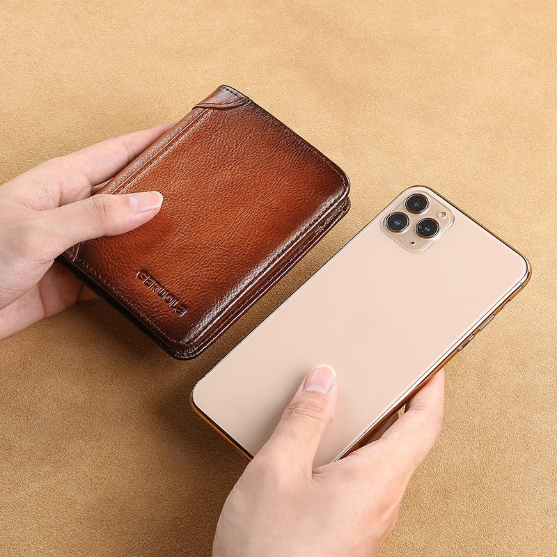 Mens Wallet Genuine Leather RFID Blocking Card Holders Cowhide Trifold wallets for men GIFT Festival gifts