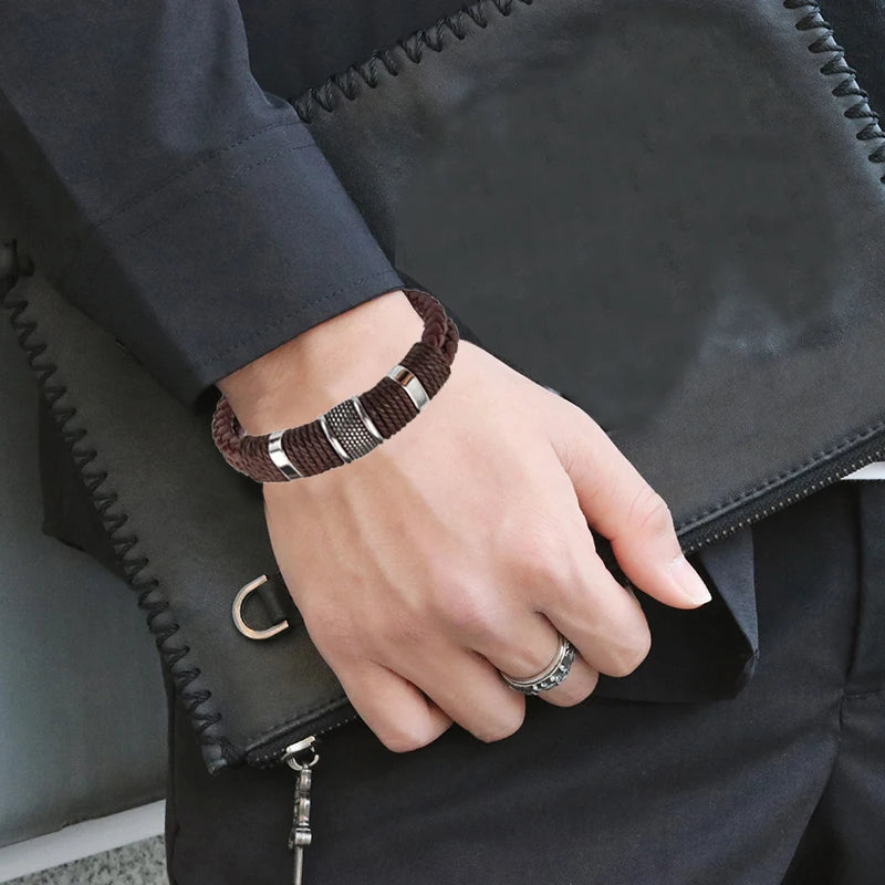 Luxury Vintage Multilayer Brown Leather Stainless Steel Men Bracelet Bead Bracelet Jewelry Male Wrist Bangle Christmas Gifts