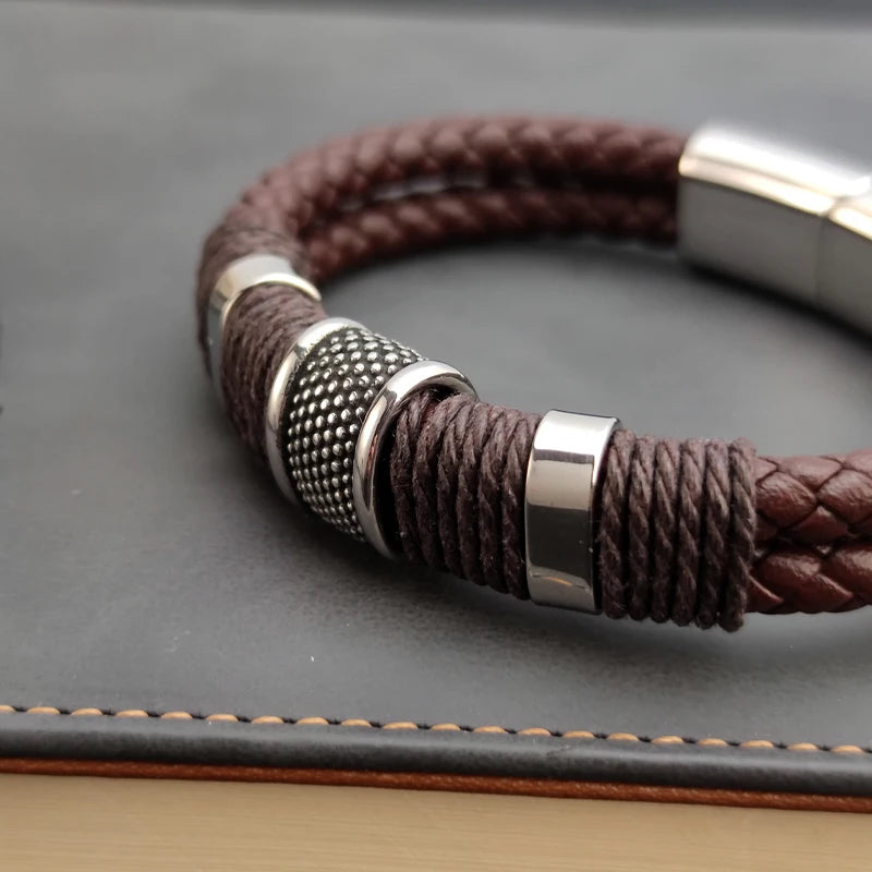 Luxury Vintage Multilayer Brown Leather Stainless Steel Men Bracelet Bead Bracelet Jewelry Male Wrist Bangle Christmas Gifts