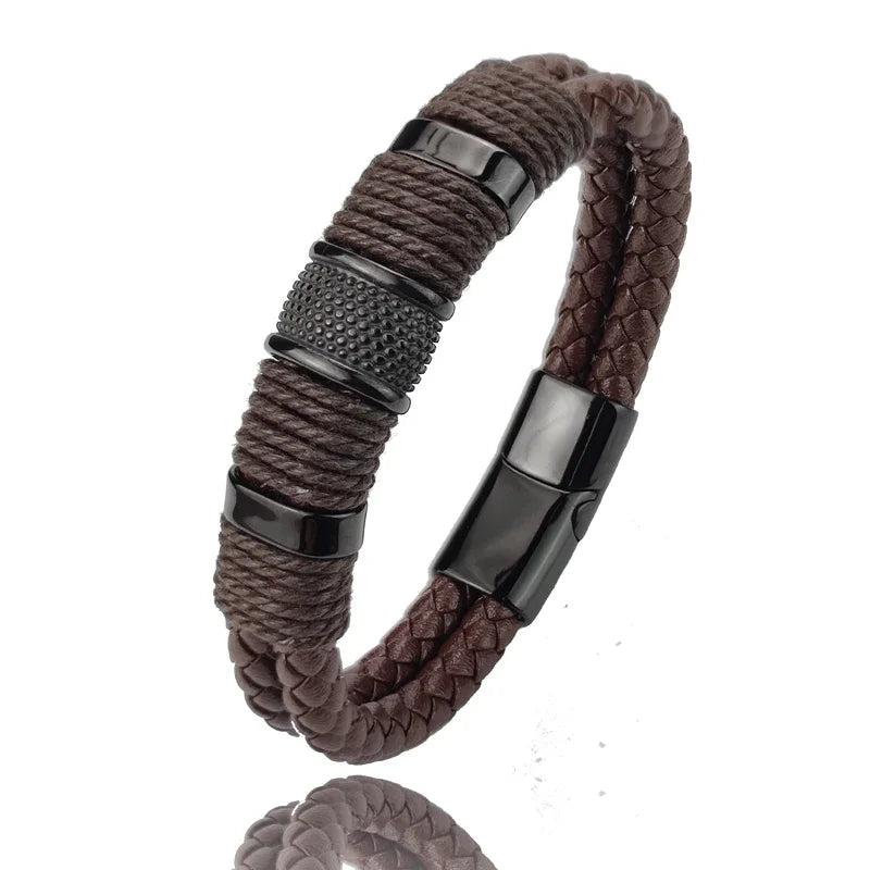 Luxury Vintage Multilayer Brown Leather Stainless Steel Men Bracelet Bead Bracelet Jewelry Male Wrist Bangle Christmas Gifts