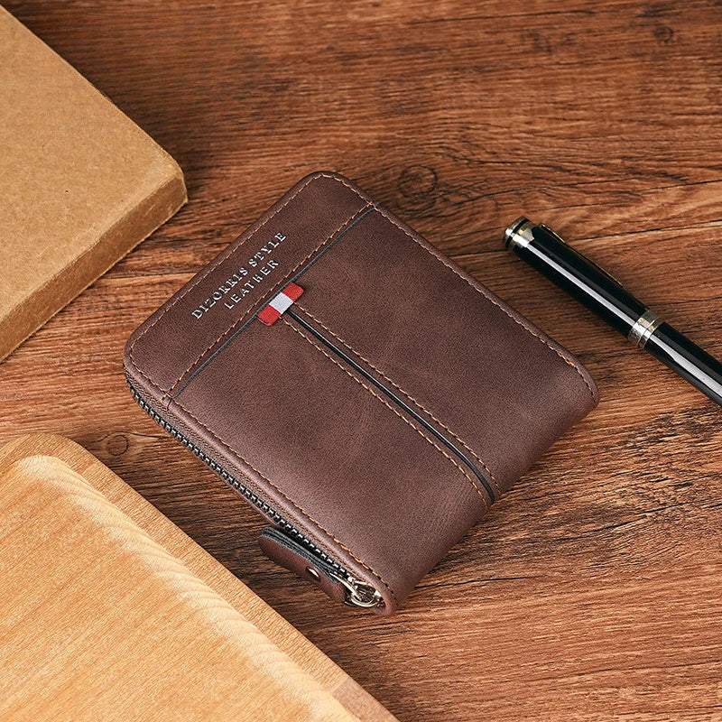 Men's Wallet Made of PU Wax Oil Skin Purse for Men Coin Purse Short Male Card Holder Wallets Zipper Around Money Coin Purse