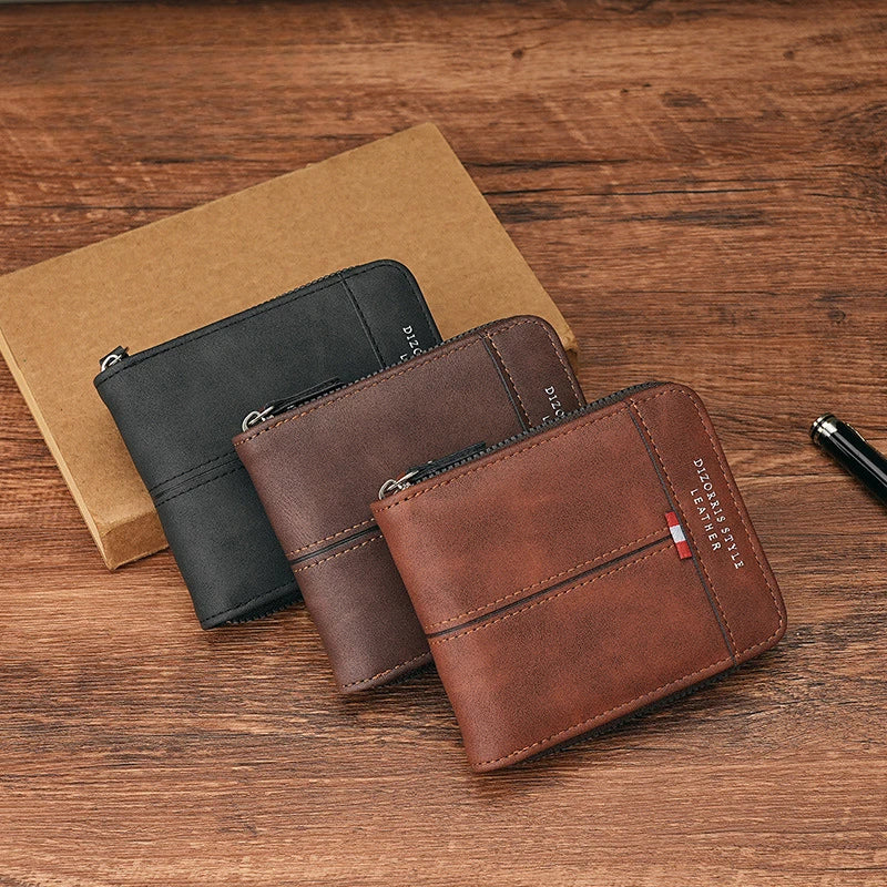 Men's Wallet Made of PU Wax Oil Skin Purse for Men Coin Purse Short Male Card Holder Wallets Zipper Around Money Coin Purse