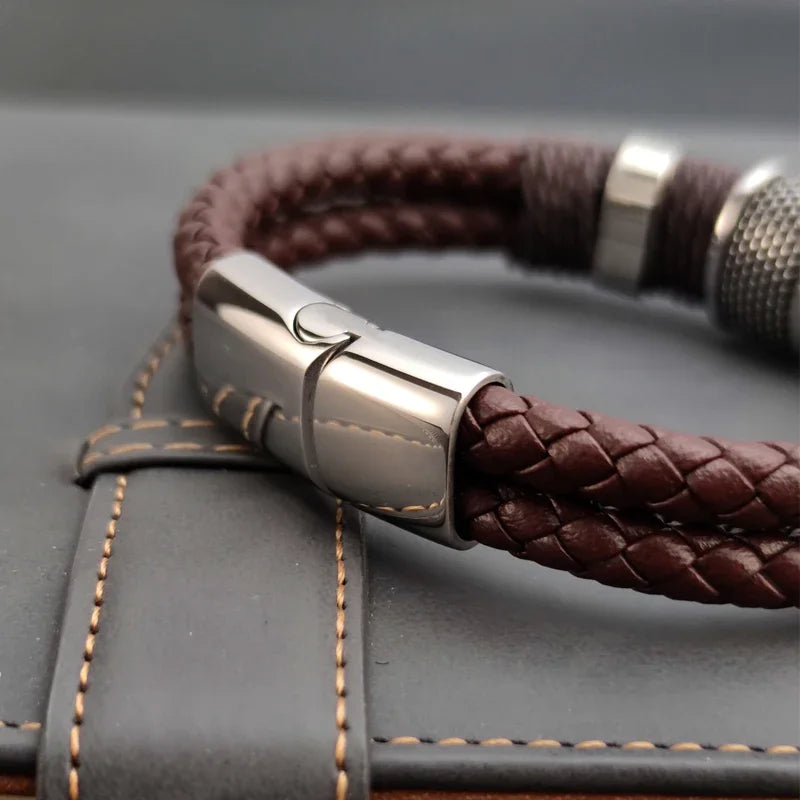 Luxury Vintage Multilayer Brown Leather Stainless Steel Men Bracelet Bead Bracelet Jewelry Male Wrist Bangle Christmas Gifts