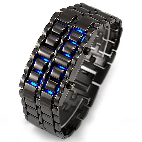 New Fashion Men Women Lava Iron Samurai Metal LED Faceless Bracelet Watch Wristwatch Full steel Fire digital watch drop ship