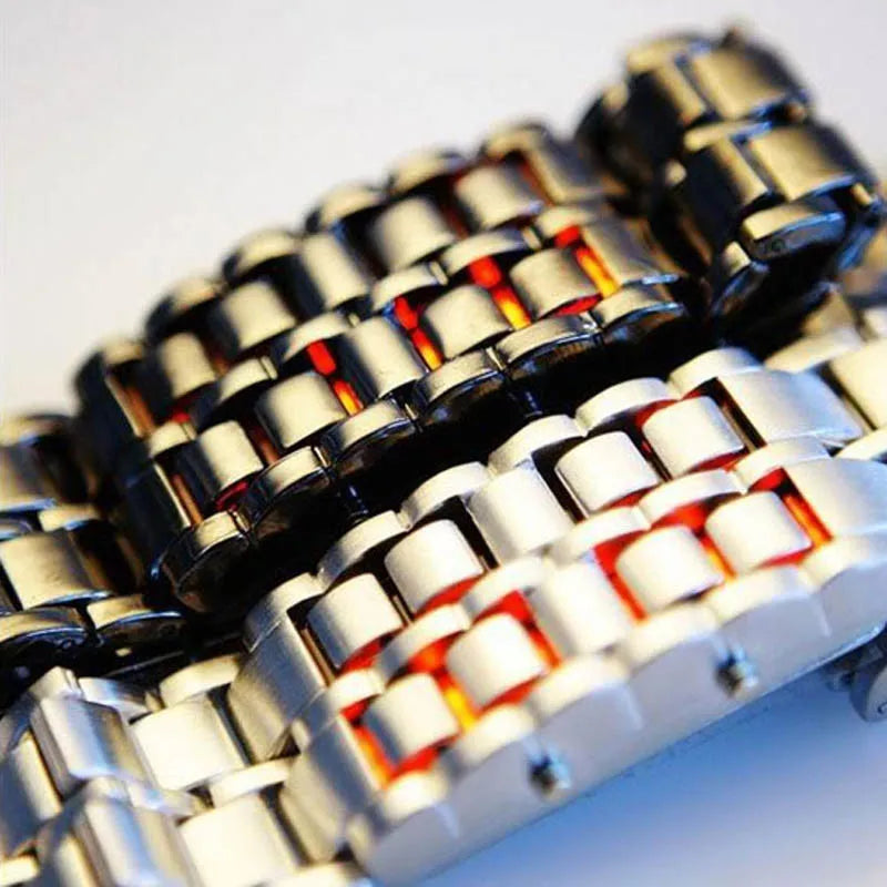 New Fashion Men Women Lava Iron Samurai Metal LED Faceless Bracelet Watch Wristwatch Full steel Fire digital watch drop ship