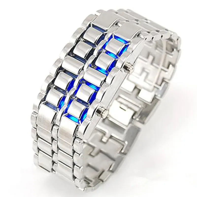 New Fashion Men Women Lava Iron Samurai Metal LED Faceless Bracelet Watch Wristwatch Full steel Fire digital watch drop ship