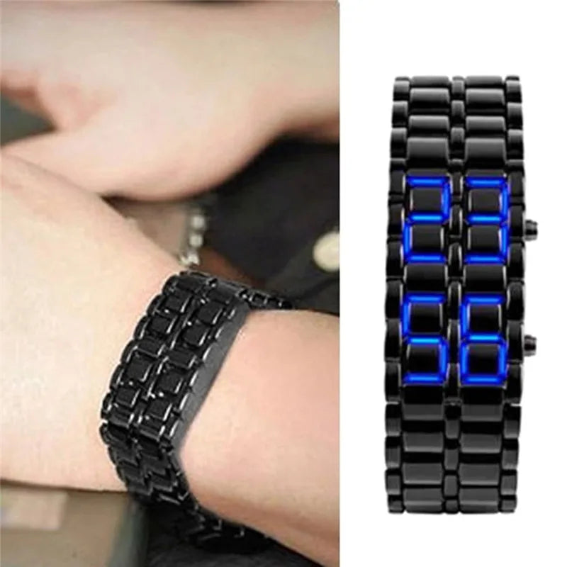 New Fashion Men Women Lava Iron Samurai Metal LED Faceless Bracelet Watch Wristwatch Full steel Fire digital watch drop ship