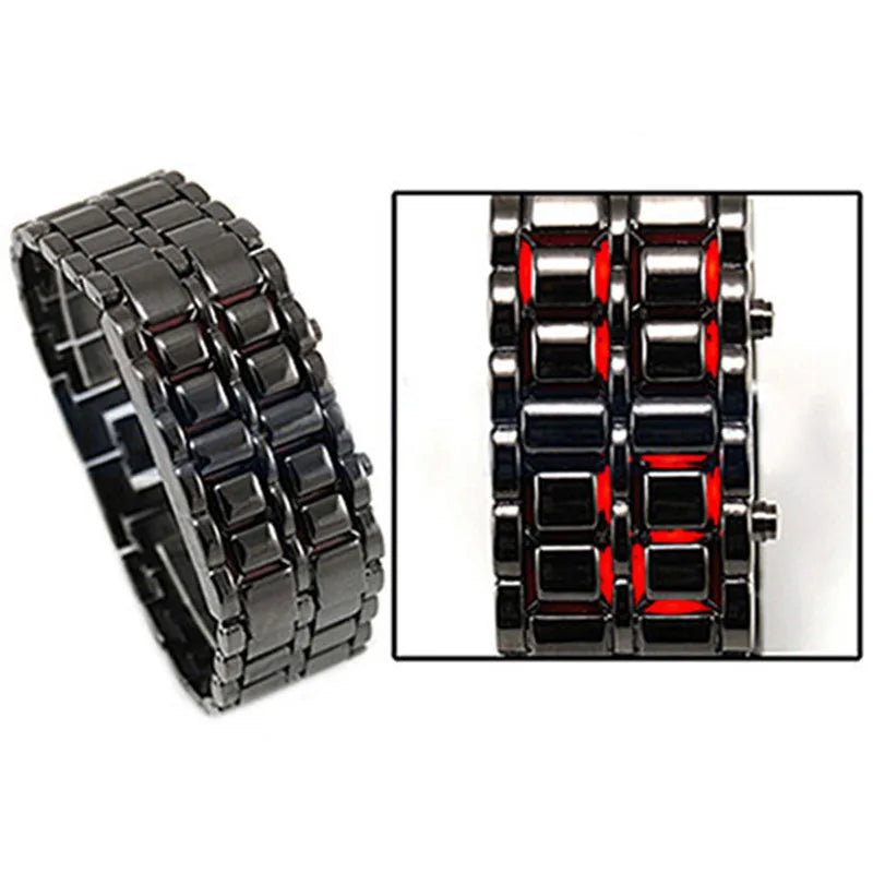 New Fashion Men Women Lava Iron Samurai Metal LED Faceless Bracelet Watch Wristwatch Full steel Fire digital watch drop ship