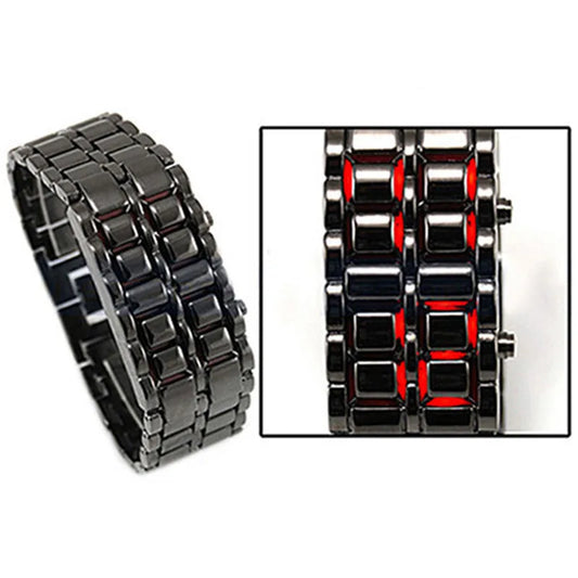 New Fashion Men Women Lava Iron Samurai Metal LED Faceless Bracelet Watch Wristwatch Full steel Fire digital watch drop ship
