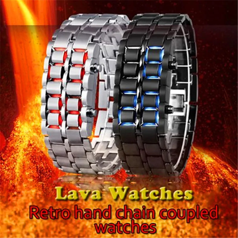 New Fashion Men Women Lava Iron Samurai Metal LED Faceless Bracelet Watch Wristwatch Full steel Fire digital watch drop ship