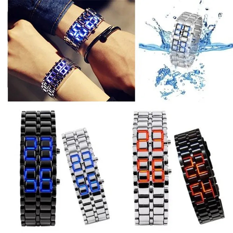 New Fashion Men Women Lava Iron Samurai Metal LED Faceless Bracelet Watch Wristwatch Full steel Fire digital watch drop ship