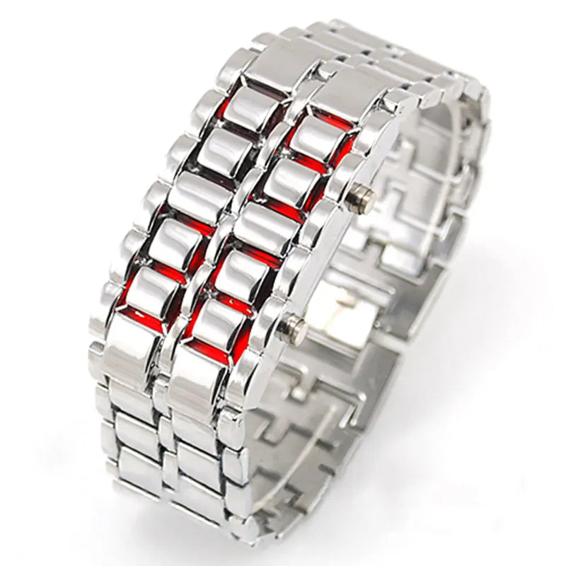 New Fashion Men Women Lava Iron Samurai Metal LED Faceless Bracelet Watch Wristwatch Full steel Fire digital watch drop ship