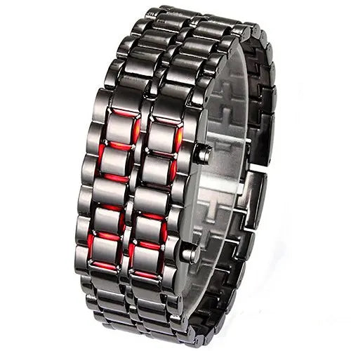 New Fashion Men Women Lava Iron Samurai Metal LED Faceless Bracelet Watch Wristwatch Full steel Fire digital watch drop ship
