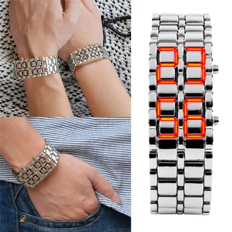 New Fashion Men Women Lava Iron Samurai Metal LED Faceless Bracelet Watch Wristwatch Full steel Fire digital watch drop ship