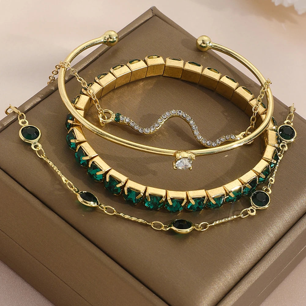 4PCS/Set Fashionable Snake Imitation Gemstone Bangle Rhinestone Full Metal Bracelet Set for Women's Jewelry Birthday Party Gifts