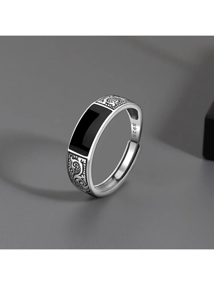 Trendy 925 Sterling Silver Ring for Men Jewelry Black Rectangle Retro Dragon Pattern Ring Male Open Rings Finger Accessories