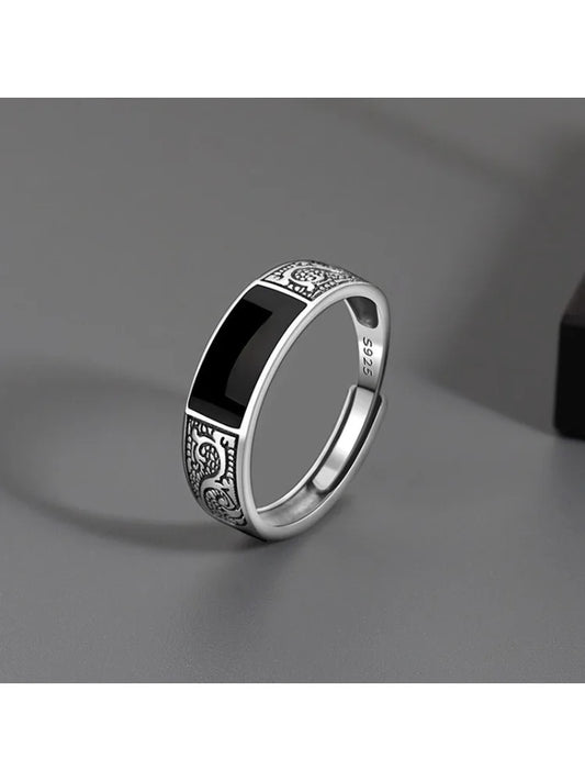 Trendy 925 Sterling Silver Ring for Men Jewelry Black Rectangle Retro Dragon Pattern Ring Male Open Rings Finger Accessories