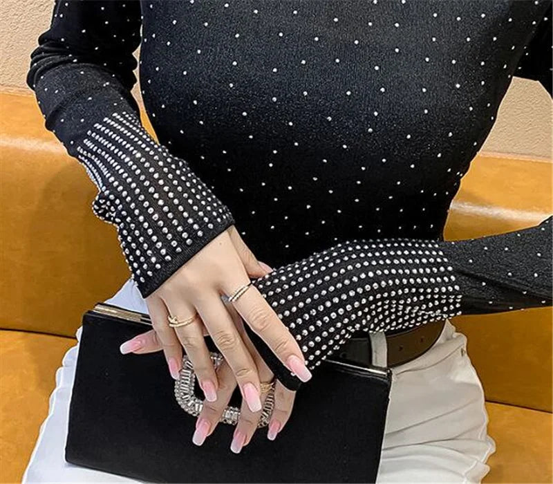 Half Height Collar Bright Diamond T-shirt Ladie Jumpper Top long sleeved Bottoming Top For Women Slim Hot Drill Blusa Female Tee