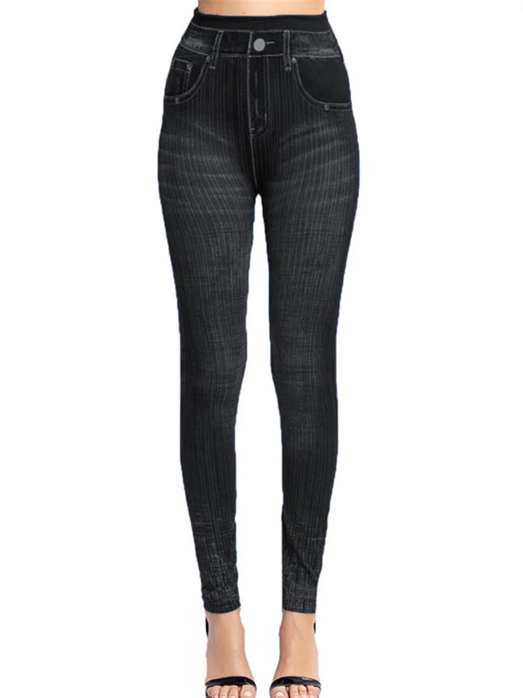 YSDNCHI Pencil Pant Female Faux Denim Leggings Bead Design Running Leggins Slim High Waist Elastic Seamless Skinny Workout