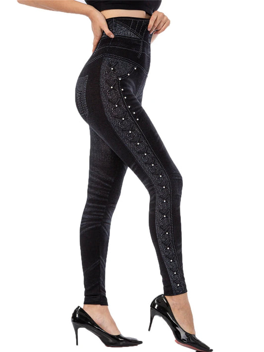 YSDNCHI Pencil Pant Female Faux Denim Leggings Bead Design Running Leggins Slim High Waist Elastic Seamless Skinny Workout
