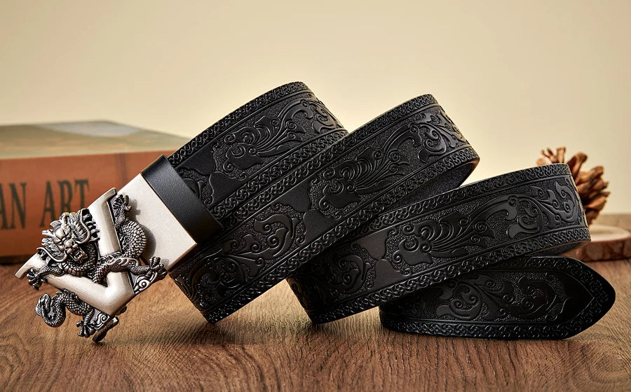 3.5CM V Buckle Cowskin Genuine Leather Belt Quality Alloy Automatic Buckle Print Wasitbad Strap Gift Bussiness Male Belt Men
