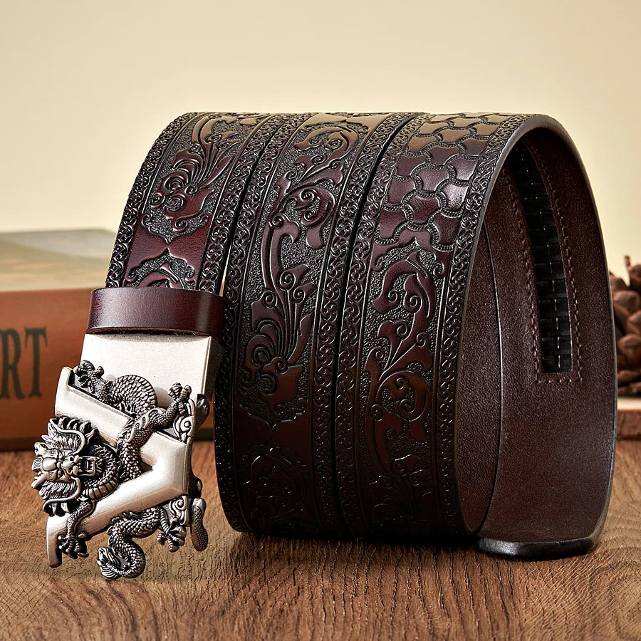 3.5CM V Buckle Cowskin Genuine Leather Belt Quality Alloy Automatic Buckle Print Wasitbad Strap Gift Bussiness Male Belt Men