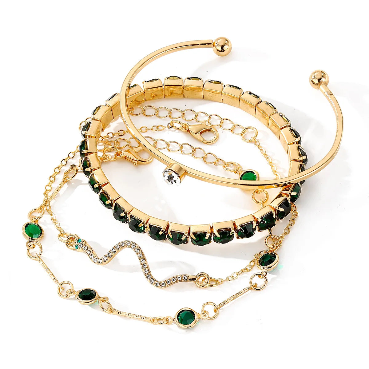 4PCS/Set Fashionable Snake Imitation Gemstone Bangle Rhinestone Full Metal Bracelet Set for Women's Jewelry Birthday Party Gifts