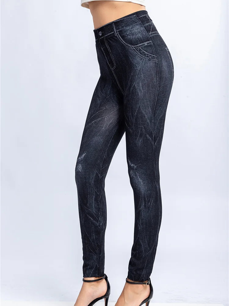 YSDNCHI Pencil Pant Female Faux Denim Leggings Bead Design Running Leggins Slim High Waist Elastic Seamless Skinny Workout