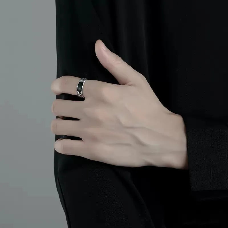 Trendy 925 Sterling Silver Ring for Men Jewelry Black Rectangle Retro Dragon Pattern Ring Male Open Rings Finger Accessories