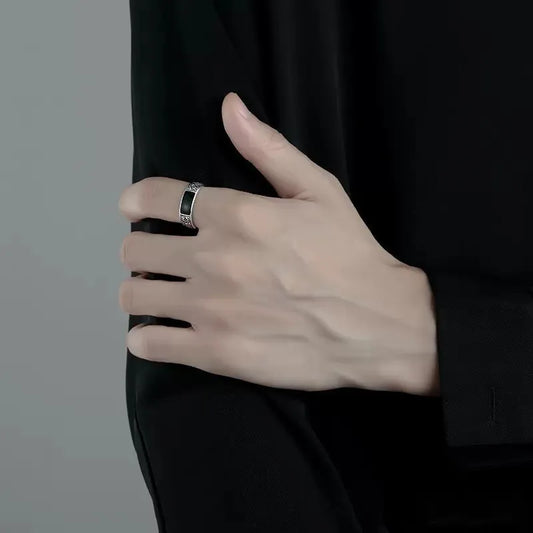 Trendy 925 Sterling Silver Ring for Men Jewelry Black Rectangle Retro Dragon Pattern Ring Male Open Rings Finger Accessories