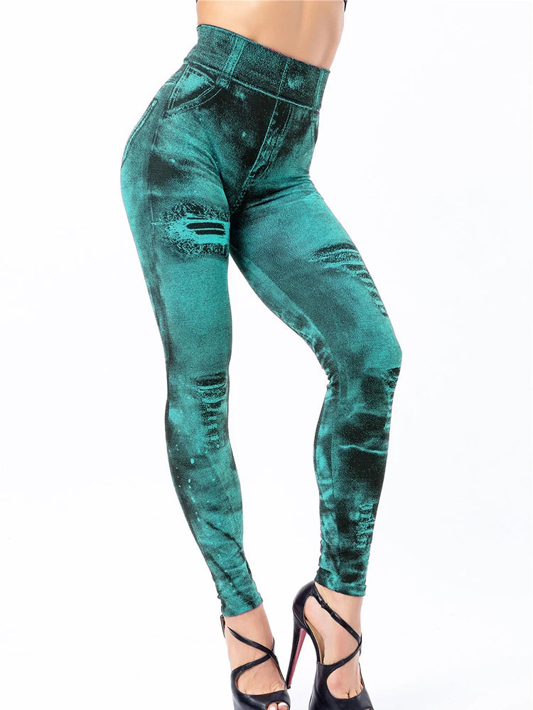 YSDNCHI Pencil Pant Female Faux Denim Leggings Bead Design Running Leggins Slim High Waist Elastic Seamless Skinny Workout